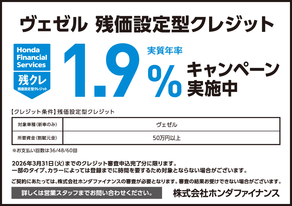 ヴェゼル 残価設定型クレジット1.9%キャンペーン